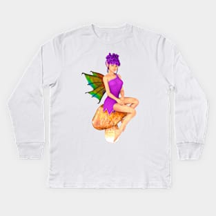 Smiling fairy faerie elf in pink sitting on toadstool, with purple hair - I believe in fairies Kids Long Sleeve T-Shirt